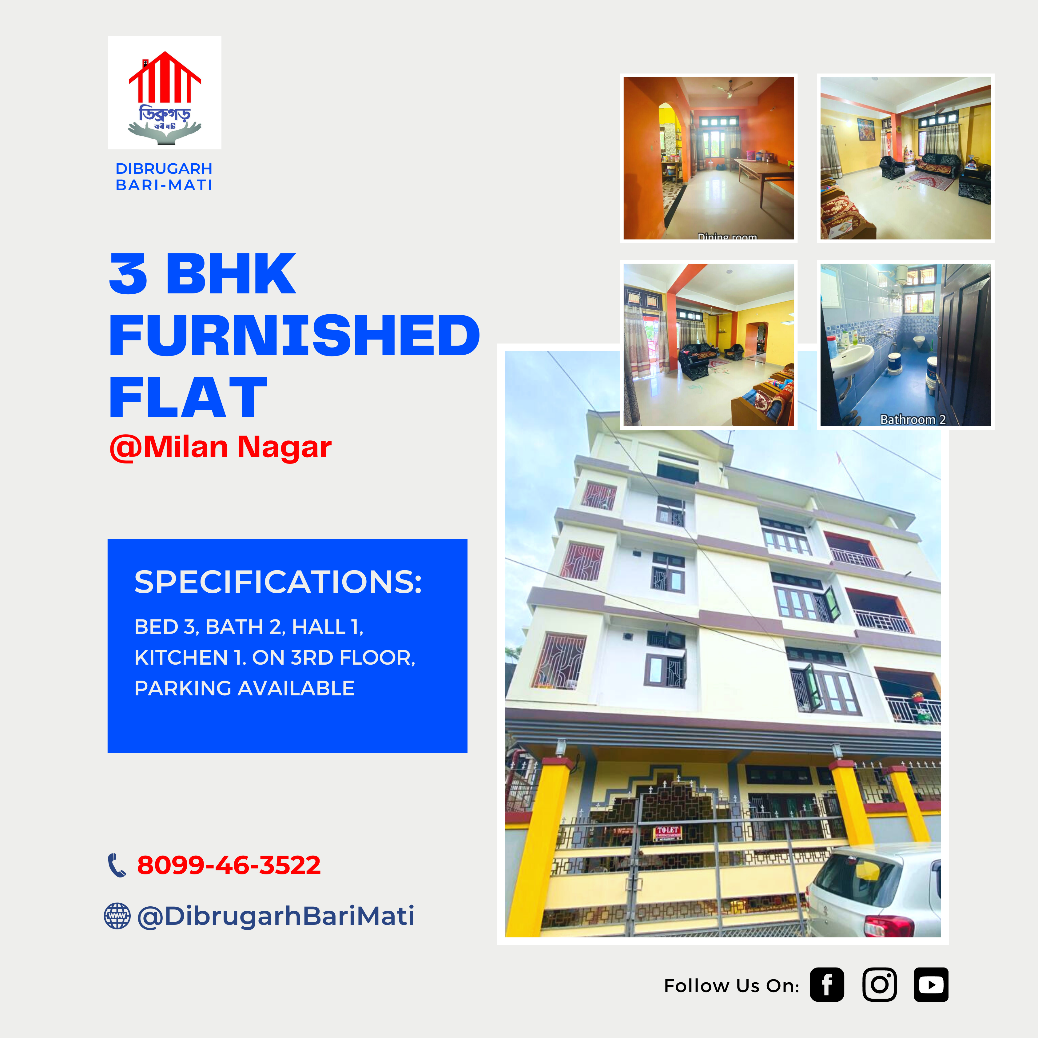 3 BHK Furnished Flat For rent at Milan Nagar In Dibrugarh