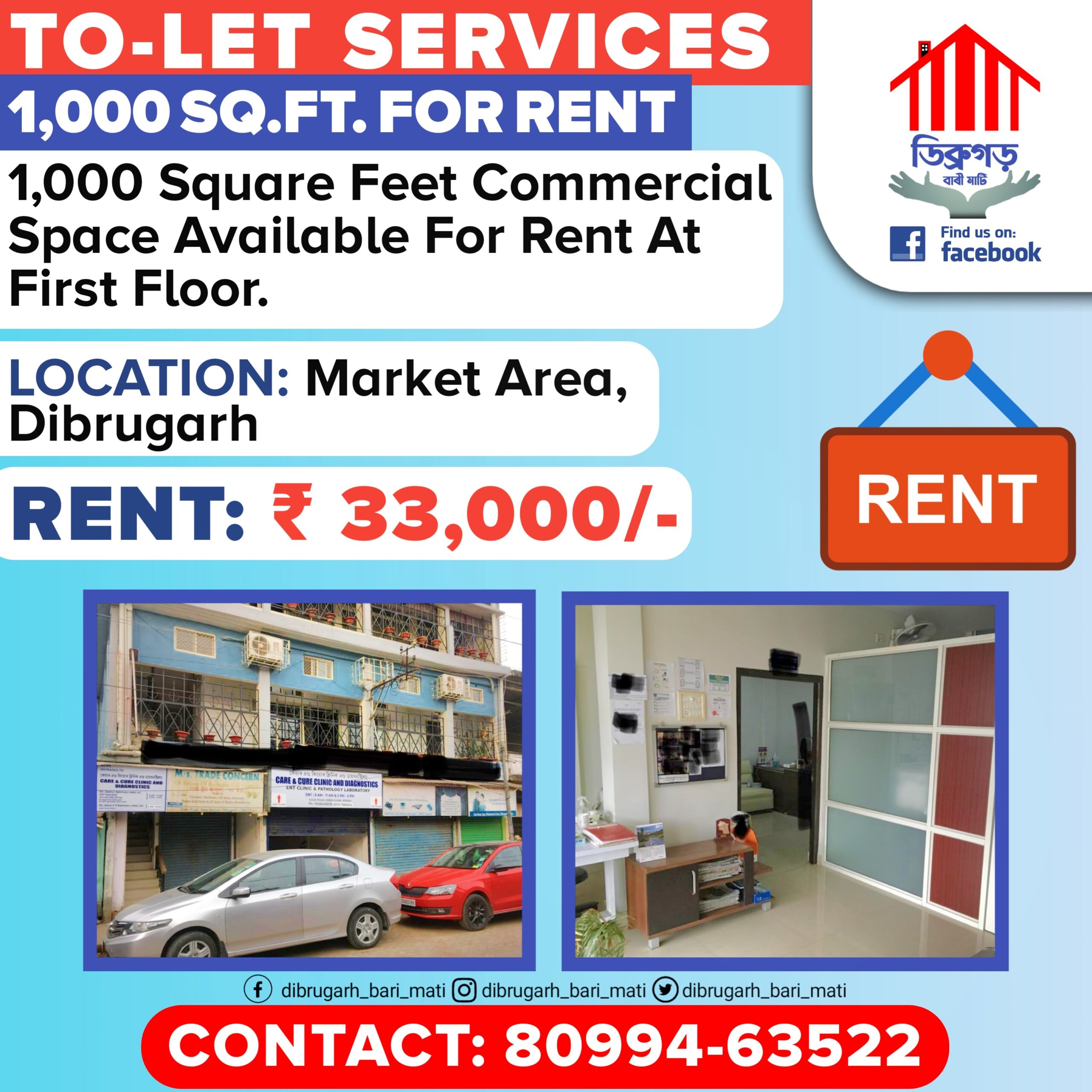 1000 sq ft commercial space for rent at new market dibrugarh